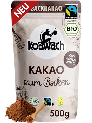 koawach Bio Backkakao Kakaopulver versch. Größen – ohne Koffein, vegan, fairtrade. Natürlich, ohne Zuckerzusatz oder Aromen. Perfekt zum Backen, Trinkschokolade. Wiederverschließbare Verpackung (500g)