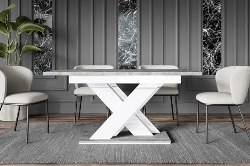 ALTDECOR Esstisch ausziehbar, ideal als Küchentisch, Esszimmertisch - oder Wohnzimmertisch, solide Konstruktion aus Möbelplatte, 140-180x80x75 cm - Betonoptik/Weiß Hochglanz- RONX