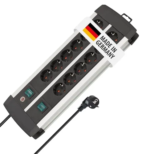 Brennenstuhl Premium-Alu-Line Steckdosenleiste 12-Fach - 3m Kabel, robuste Aluminium-Oberfläche und zwei Sicherheitsschalter für optimale Kontrolle