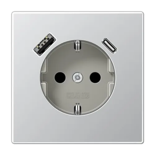 Jung SCHUKO-Steckdose mit USB-Ladegerät Typ C+A (Aluminium) - Steckdosen & Zubehör mit integriertem USB-Ladegerät Typ C+A, ideal für modernes Laden und hohen Berührungsschutz, Farbe: Aluminium.