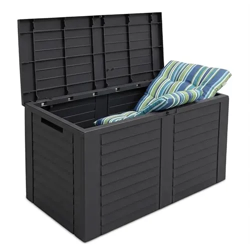 3.00 Balkonbox STAN - Kissenbox aus Kunststoff in Holzoptik - Stylische Kissenbox in anthrazit mit 160 Litern Stauraum. Ideal für die Aufbewahrung von Polsterauflagen und Gartenaccessoires. Wetterfest und pflegeleicht, einfach zu montieren.