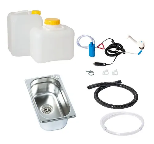 12V Miniküche Campingküche mit Spüle - Praktischer Bausatz für deine Campingküche: inklusive 12V Tauchpumpe, Edelstahlspüle und vorinstallierter Verkabelung. Ideal für Wohnmobile und Marktstände.