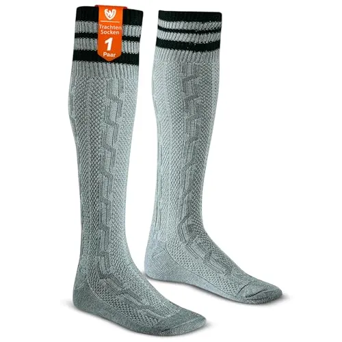 German Wear Lange Trachtensocken Strümpfe Socken aus Baumwolle 50cm Lang (DE/NL/SE/PL, Numerisch, 44, 46, Regular, Regular, Grau/Grün)