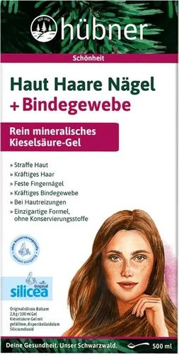 Hübner Haut Haare Nägel + Bindegewebe 500 ml - Rein mineralisches Kieselsäure-Gel zur Unterstützung von Haut, Haaren und Nägeln. Vegan, glutenfrei und ohne künstliche Zusätze. Ideal für eine umfassende Schönheitskur!
