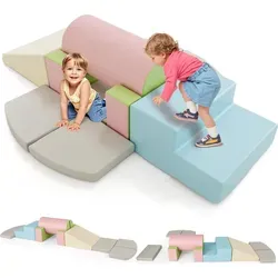 COSTWAY 10 TLG. Schaumstoff Bausteine, Softbausteine, Riesenbausteine aus PU, Großbausteine Kletterblöcke Indoor für Kinder ab 1 Jahr, Blau+Grau - Blau/Grün