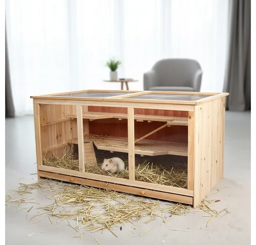 Mucola Kleintierkäfig - Dreistöckiger Nagerkäfig aus Holz - Käfige für Hamster, Mäuse und Ratten, ideal für drinnen und draußen, mit Plexiglas-Deckel für optimale Sicht und mehrere Stockwerke für mehr Platz und Spielmöglichkeiten.