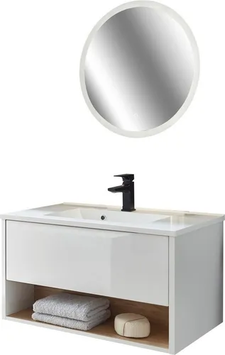 Home affaire Badmöbel-Set Studio Line, modernes 2-teiliges Badezimmer-Set mit Waschtisch und Spiegel - Das 2-teilige Badmöbel-Set »Studio Line« von Home affaire vereint modernes Design mit praktischen Funktionen. Der Waschbeckenunterschrank mit Push-to-Open-Funktion und der elegante Spiegel mit LED-Beleuchtung bieten viel Stauraum und setzen stilvolle Akzente.