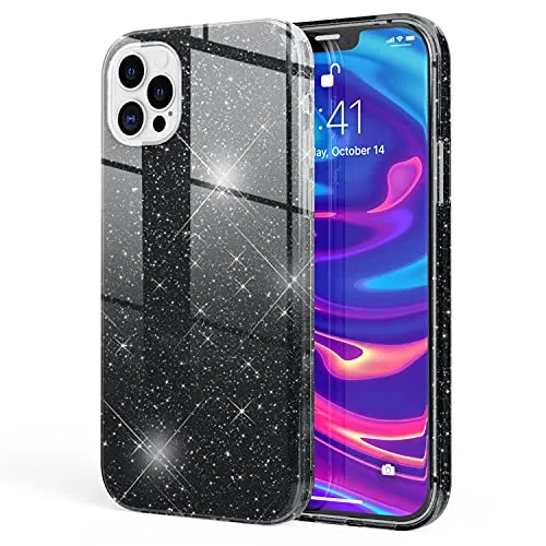 NALIA Glitzerhülle für iPhone 12 Pro Max - Funkelnder Glitzer-Look & Grip - SHINEPOP (Silikon Case) - Marke aus Berlin, Farbe:Schwarz