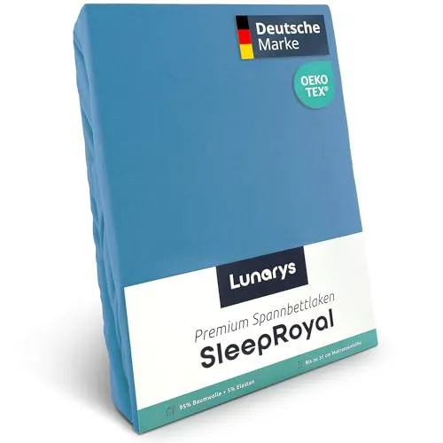 Lunarys® SleepRoyal Luxus Spannbettlaken 200x220 cm - Hellblau - 250 g/m² Premium Bettlaken - 40 cm Steghöhe - für hohe Matratzen, Boxspringbett & Matratze + Topper & Wasserbett - Stretch Jersey