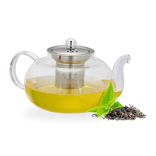 Relaxdays Teekanne mit Siebeinsatz, 1 Liter, Borosilikatglas, Edelstahl, Glaskanne für losen Tee, transparent/silber