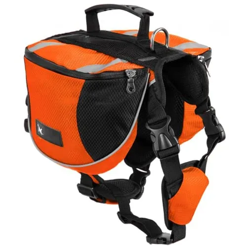 Satteltasche Hunderucksack für Mittlere Große Hunde, Packtaschen Rucksack für Reisen Wandern Training, Reflektierende Wasserdicht Verstellbare Kabelbaumweste mit Griff (orange, M (Hund 18 kg - 28 kg)