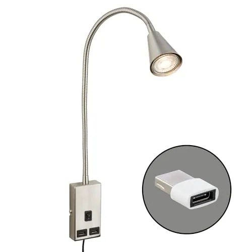 BRILONER Leselampe mit USB Port und Flexarm - Moderne Wandleuchte mit schwenkbarem Flexarm und 2x USB-Anschlüssen, ideal für individuelles Lesen und Laden von Geräten im Schlafzimmer.