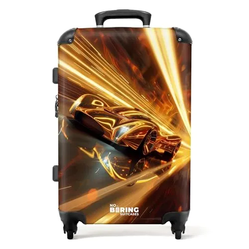 NoBoringSuitcases.com Kinderkoffer - Rennwagen Gold, 67 cm - Großer Hartschalenkoffer für Kinder mit 72 Litern Volumen, TSA Schloss für sichere Reisen und robustes ABS-Material für Langlebigkeit.