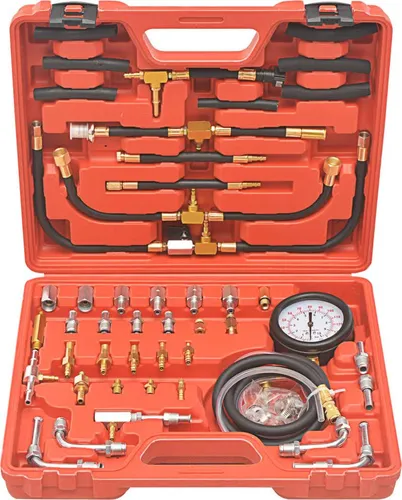 vidaXL Druckprüfer-Set für Kraftstoffeinspritzung - Professionelles Druckprüfer-Set für Benzineinspritzsysteme, inklusive stoßfestem Manometer und 32 Adaptern für präzise Messungen an PKWs und LKWs. Ideal für Mechaniker und Hobby-Schrauber.