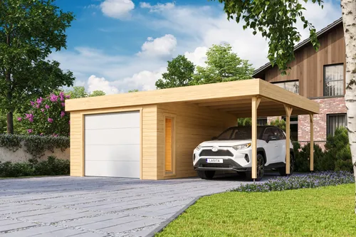 Lasita Garage Pultdach 44 mm Bahamas mit Sektionaltor 680x560 cm - Gartenhäuser & Carports: Robuste Holzgarage mit abschließbarem Sektionaltor und isolierverglasten Fenstern, ideal für sicheren Stauraum und Schutz vor Witterung.