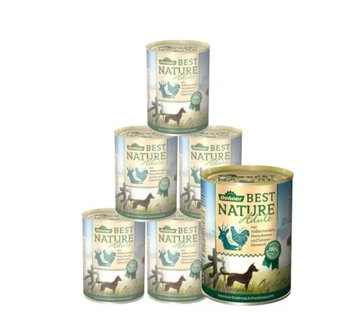 Dehner Best Nature Hundefutter, Nassfutter getreidefrei, für ausgewachsene Hunde, Wild / Huhn / Nudeln, 6 x 400 g Dose (2.4 kg)