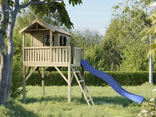 Stelzenhaus Funny XXL KDI inkl. Rutsche blau - Großes Stelzenhaus aus hochwertigem Kiefernholz mit Rutsche, ideal für Kinder von 3 bis 14 Jahren. Perfekt für kreative Spielstunden im Garten!
