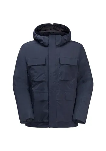 Jack Wolfskin Textor Utility Jacke Blau L - Wasser- und winddichte Outdoorjacke mit 200g PRIMALOFT® Füllung, ideal für kaltes Wetter. Zahlreiche Taschen bieten viel Stauraum, während die abnehmbare Kapuze und der einstellbare Saum für perfekten Tragekomfort sorgen.