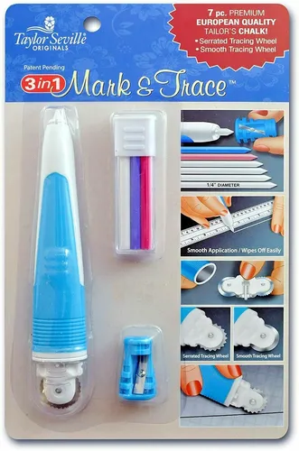 Taylor Seville Originals 3 In 1 Mark & Trace Schneider Kreide - Markierrädchen-Set mit sieben Teilen, ideal zum Markieren und Nachverfolgen auf Stoff. Enthält verschiedene Kreidefarben und ein praktisches Kreidespitzer.