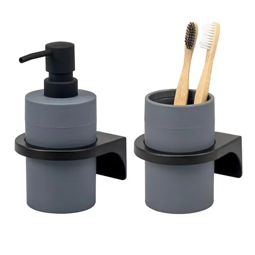 bremermann Badezimmer-Set Savona - 2tlg. Soft-Touch Set mit Wandhalterung - Praktisches 2-teiliges Set mit Seifenspender und Becher, ideal für eine clevere Wandmontage. Minimales Design und Soft-Touch-Oberfläche für stilvolle Akzente in Ihrem Bad.