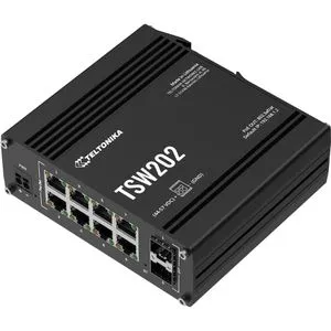 Teltonika TSW202 8-Port Managed POE+ Switch - Managed Switch mit 8 PoE+ Ports und 2 SFP, ideal für Netzwerkinstallationen, bietet hohe Flexibilität und Effizienz durch DIN-Schienenmontage.