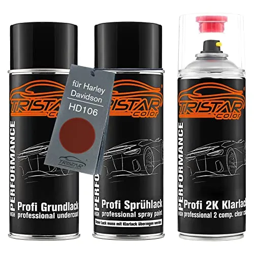 TRISTARcolor Motorradlack 2K Spraydosen Set für Harley Davidson HD106 Candy Brown Metallic Grundlack Basislack 2 Komponenten Klarlack Sprühdose