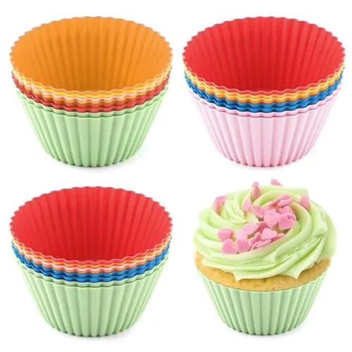 QINGHEC 24er Silikon Muffinförmchen, Wiederverwendbare Muffinform Backform, Standard Silikon Backformen, BPA-Frei Antihaft, Silikon Cupcake Formen für Cupcake, Eincreme und Pudding-6 Farben
