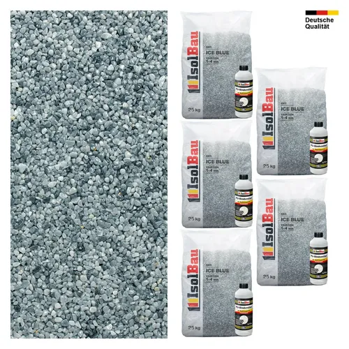 Steinteppich SET Ice Blue 1-4mm Marmorkies 125kg + PU-Bindemittel Set für 12,5m²