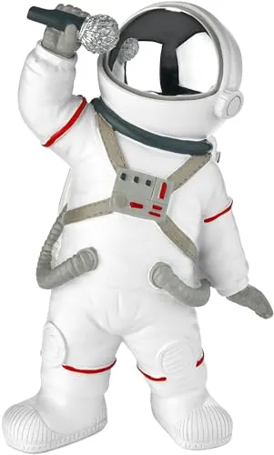 BRUBAKER Dekofigur Astronaut Sänger - 20 cm Spaceman Weltraum Figur mit Mikrofon und verchromtem Helm - Handbemalte Moderne Raumfahrt Statue für Musiker - Weiß und Silber