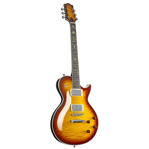 Fame Custom LP RW Caramel Burst E-Gitarre - E-Gitarre mit Mahagoni-Korpus und Wölkchenahorn-Decke, ausgestattet mit zwei Humbuckern für vielseitigen Sound. Ideal für Studio und Bühne, bietet sie Komfort und edles Design.