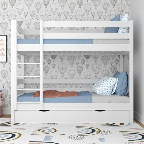 N-wood N01 Etagenbett mit Schublade 80x200 cm, Hochbett Holz mit Leiter, 2 Leitermontageseiten: Links oder rechts, abgerundete Kanten, Stabile Massivholzkonstruktion, Hochwertige Materialien, Weiß