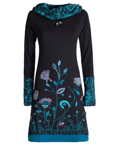 Vishes - Alternative Bekleidung - Damen Blumen-Kleid Langarm-Shirtkleid Schal-Kragen Baumwollkleid schwarz 42