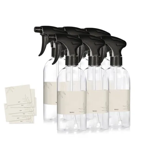 Oputec 6 x 500ml Sprühflaschen aus Kunststoff Transparent, zum Befüllen, mit ergonomischem Sprühkopf + Etiketten – Leere Wassersprühflaschen für Pflanzen, Blumen, Reinigungsmittel, Haarpflege und mehr