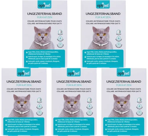 OptiPet x5 Ungezieferhalsband für Katzen | 4 Monate Schutz gegen Flöhe, Zecken und Mücken - Flohhalsband für Katzen mit reflektierenden und wasserfesten Eigenschaften. Bietet bis zu 4 Monate zuverlässigen Schutz und angenehmen Tragekomfort für alle Katzenrassen.