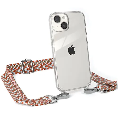 EAZY CASE Handykette - Verstellbares Taschenband kompatibel mit iPhone 14, Schulterriemen, Handykordel mit Silikon Hülle, Umhängetasche, Blau Rot Silber