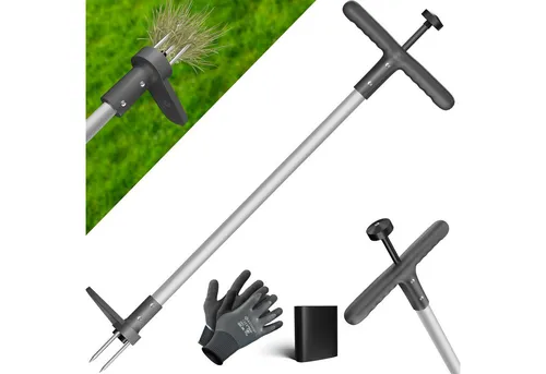 KESSER Unkrauthacke Unkrautentferner mit Stiel aus Aluminium inkl Handschuhe & Schutzkappe, Gartenwerkzeug für Entfernen von Unkraut mit 3 Stahlzähnen & Fußpedal