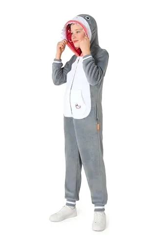 OppoSuits Kinder Hai Onesie - Einteiliger Strampler in Grau - Schlafoveralls für Jungen, gefährlich gemütlicher Hai-Overall mit Kapuze und Taschen, ideal für Schulpartys oder entspannte Couch-Tage.