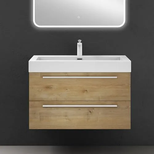 doporro Badmöbel-Set mit Soft-Close in Kerneiche - Komplettprogramm für Badezimmer, inklusive wandhängendem Waschbeckenunterschrank und pflegeleichtem Mineralguss-Waschbecken. Mit viel Stauraum und Soft-Close-Funktion für leise Schubladen.