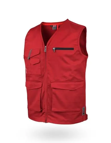 WÜRTH MODYF Arbeitsweste Stretch X – Rote Herren Weste für Handwerk & Industrie in Größe L - Vielseitige Arbeitsweste mit 7 Außentaschen und E-Care Handytasche für optimalen Stauraum. Der elastische Stoff sorgt für Bewegungsfreiheit und Komfort bei der Arbeit. Pflegeleicht und langlebig für den täglichen Einsatz.