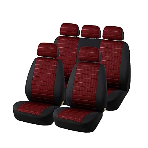 TOYOUN Autositzbezüge Full Set Universal Fit Jacquard Tuch Auto Sitzbezüge Set Rot Sitzbezüge Auto Set Stoff Universal Autositzbezüge Sitzschoner Auto Schonbezug Autositz Rot