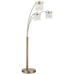Elegante Stehlampe mit 3 Flammen in Gold - Stehleuchte in goldfarbenem Metall mit opalen Glasstäben, ideal für stimmungsvolle Beleuchtung im Wohnzimmer oder Büro. Praktischer Wippschalter für einfache Bedienung.
