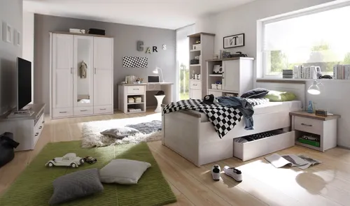 Jugendzimmer-Set Luca in Pinie Weiß und Trüffel, 7-tlg. Komplett Set - Das Jugendzimmer Luca vereint modernes Landhausdesign mit praktischen Möbeln. Ideal für Kinder und Jugendliche, bietet es vielfältige Stauraumlösungen und eine einladende Atmosphäre.