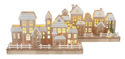 BURI Weihnachts-LED-Häuserreihe aus Holz Winterstadt Winterdorf Winterlandschaft Weihnachtsbild Weihnachtslandschaft Weihnachtsdeko Weihnachtsszenerie 30x8x16,5cm