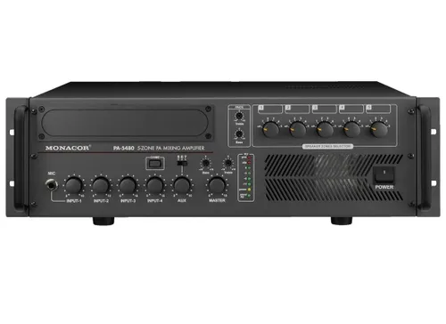 Monacor PA-5480 ELA Mischverstärker - Mischpult mit 5 Zonen, individuell steuerbar und ideal für professionelle Anwendungen. Ausgestattet mit umfangreicher Klangregelung und Notstrombetrieb für zuverlässige Leistung.