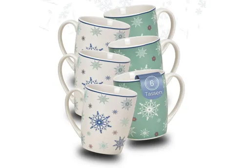 matches21 HOME & HOBBY Tasse Weihnachtstassen 6er Set Schneeflocken türkis blau, 6-tlg., Porzellan, Schöne 300 ml Porzellan Kaffee-Tassen bunten Weihnachtsmotive
