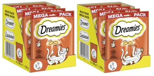 Dreamies DREAMIES™ Huhn 8 x 180g, köstlicher Snack für Katzen - DREAMIES™ Huhn 180g – unwiderstehlicher Snack für Katzen mit knuspriger Hülle und cremigem Kern. Ideal für tägliche Belohnungen, mit natürlichen Zutaten und nur 2 kcal pro Stück. Verwöhne deine Katze mit purem Genuss!