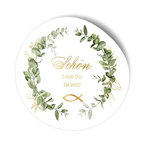 itenga 24x Sticker Aufkleber Schön dass du da bist Eukalyptus und FISCH I je 4.0 cm I rund, selbstklebend I ideal zum Basteln von Gastgeschenken für Konfirmation Kommunion Taufe