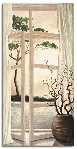 ARTLAND Wanddeko Leinwand Bilder Wandbild Fensterblick Fenster Toskana Landschaft Fensterbild Sonnenuntergang T4OM