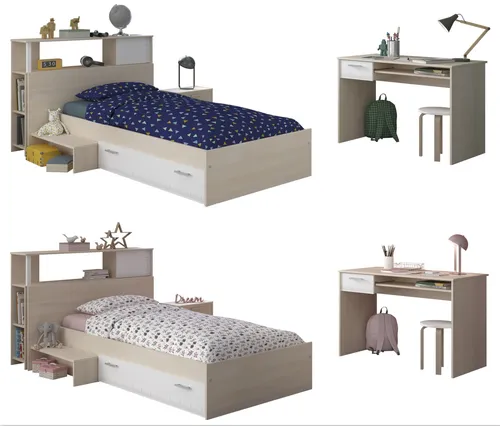 Kinderzimmer Charly, 4-tlg. - Akazie / Weiß - Jugendzimmer-Set mit vielseitigen Möbeln: Beidseitig einsetzbares Bett mit Stauraum, praktischer Schreibtisch und Anstellregal für optimalen Platz.