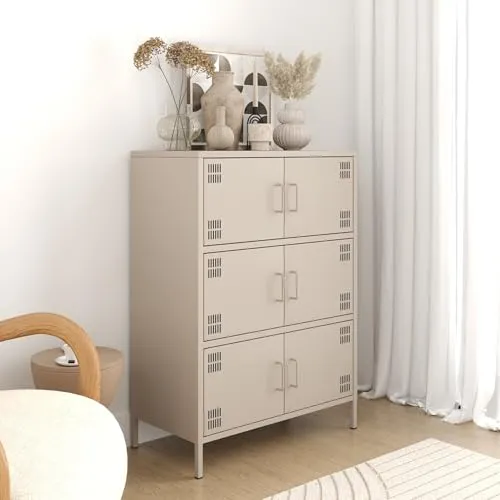 furni24 Metall Sideboard – Küchenschrank mit Türen und verstellbaren Ablagen – Robuste und stilvolle Aufbewahrungslösung für Küche, Wohnzimmer und Esszimmer- mit 6 Türen, Beige